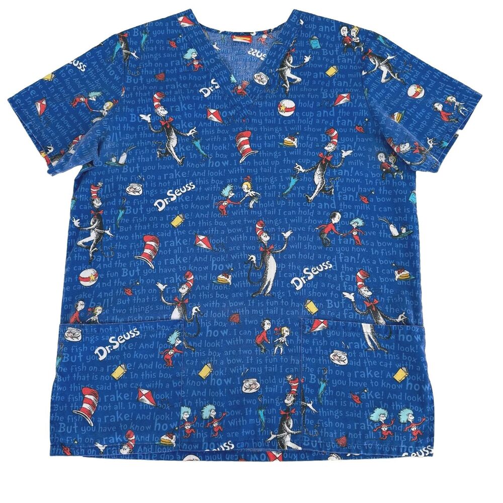 Dr Seuss Cat In the Hat Womens M Scrub Top Vneck Medical Hospital RN LPN Tech